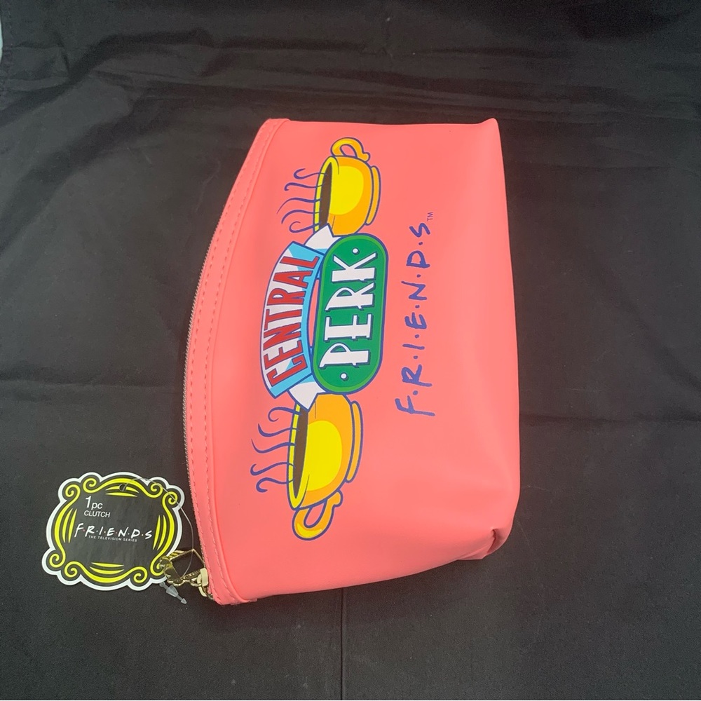 Friends Zippered PVC Round Top Makeup Clutch with Central Perk Logo, Pink